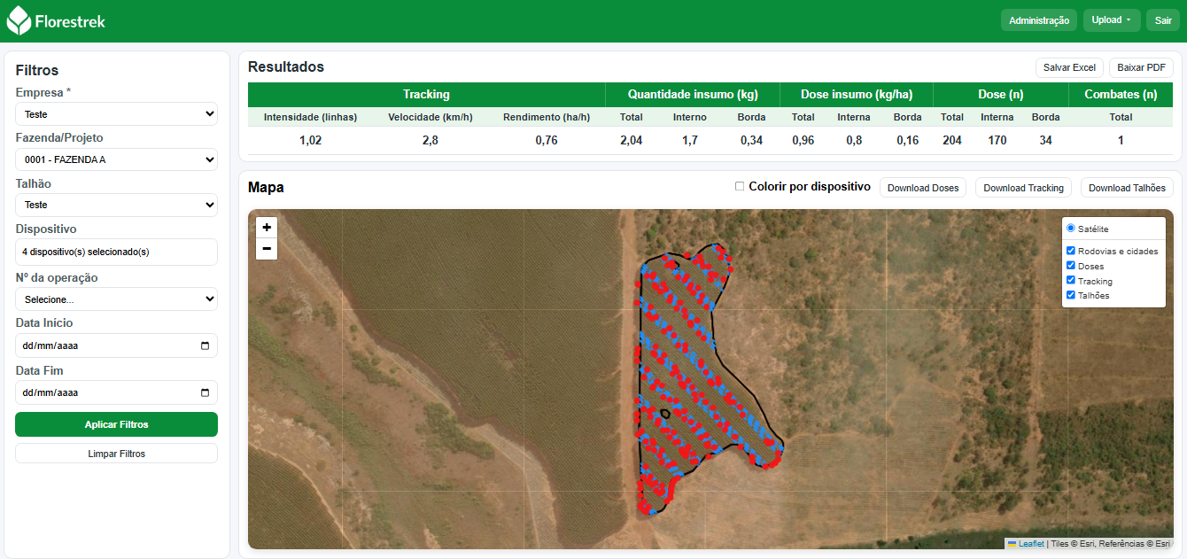 Painel Florestrek com filtros, resultados operacionais e mapa georreferenciado